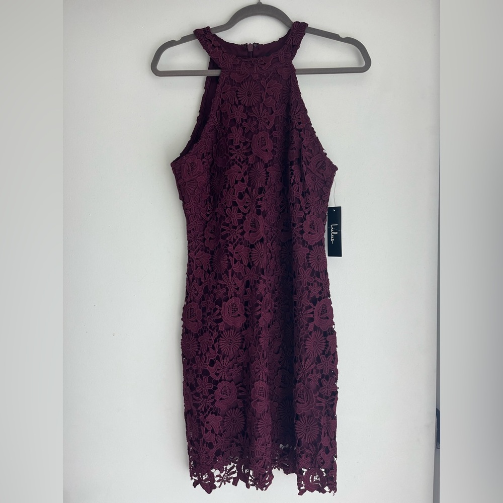 Lace Mini Dress. Color: Love Poem Burgundy
